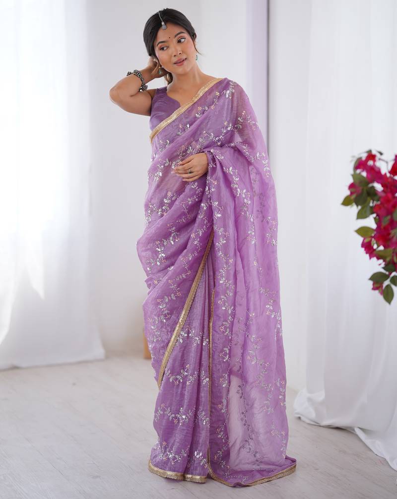gold crush purple designer beads moti val zig zag sequance work saree