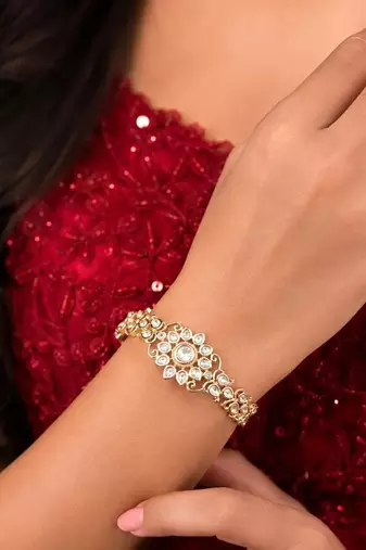 Gold Tone Kundan Bracelet, Indian Wedding Bridal Jewelry, CZ Stones, Festive Statement Piece