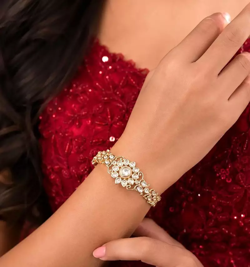 Gold Tone Kundan Bracelet, Indian Wedding Bridal Jewelry, CZ Stones, Festive Statement Piece