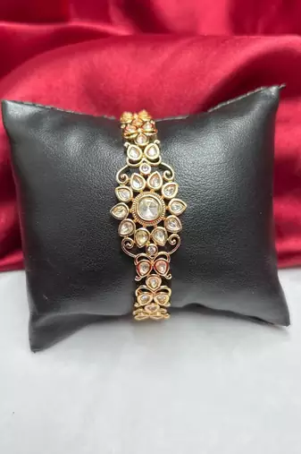 Gold Tone Kundan Bracelet, Indian Wedding Bridal Jewelry, CZ Stones, Festive Statement Piece