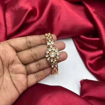 Gold Tone Kundan Bracelet, Indian Wedding Bridal Jewelry, CZ Stones, Festive Statement Piece 3
