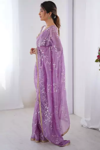 gold crush purple designer beads moti val zig zag sequance work saree