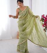 gold crush pista designer beads moti val zig zag sequance work saree