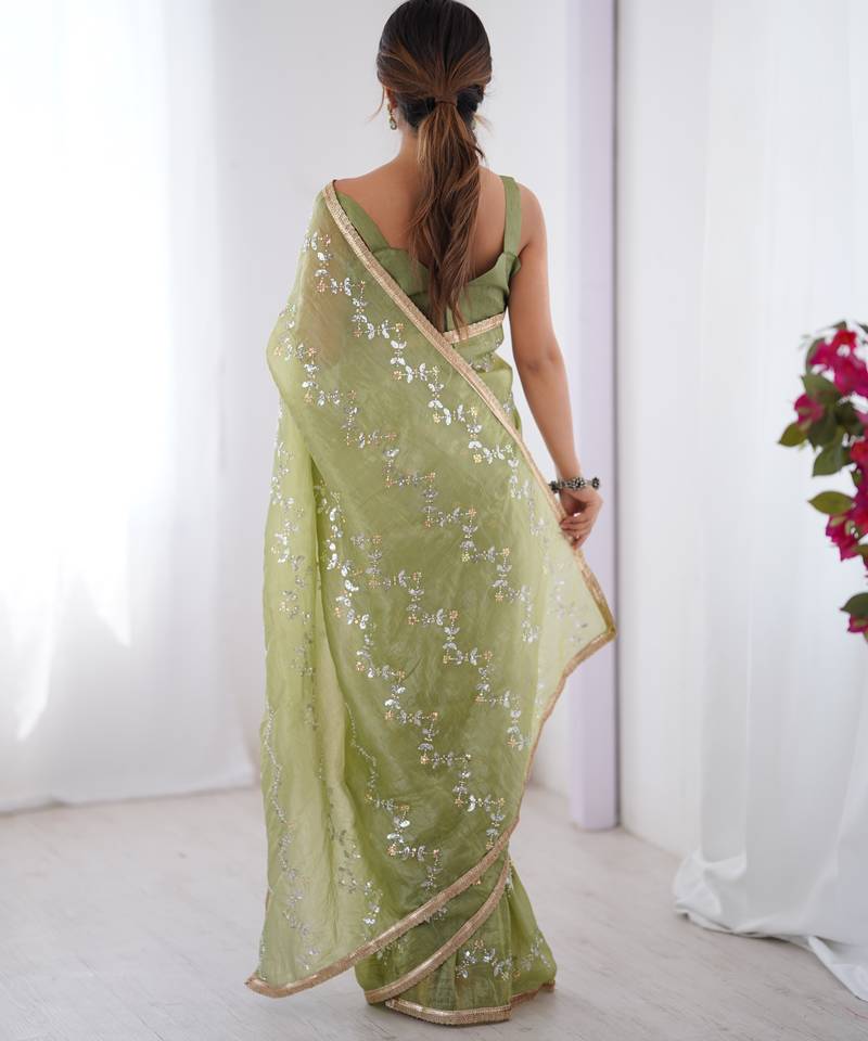 gold crush pista designer beads moti val zig zag sequance work saree
