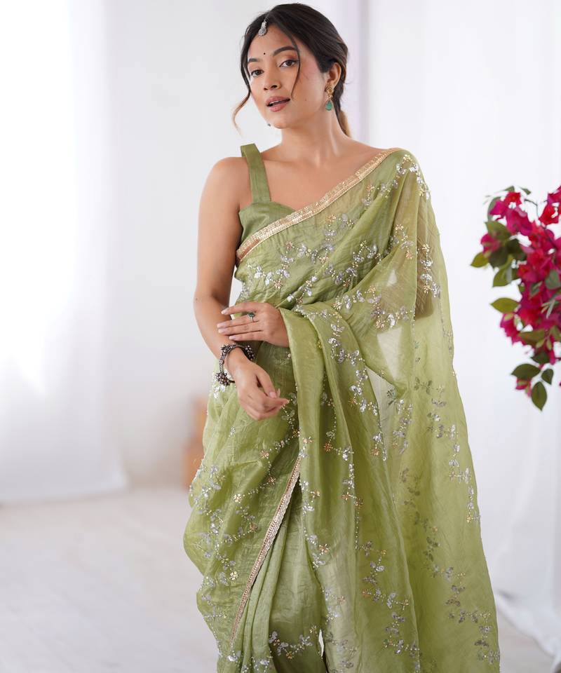 gold crush pista designer beads moti val zig zag sequance work saree