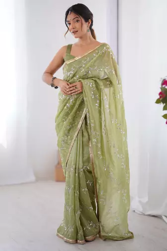 gold crush pista designer beads moti val zig zag sequance work saree