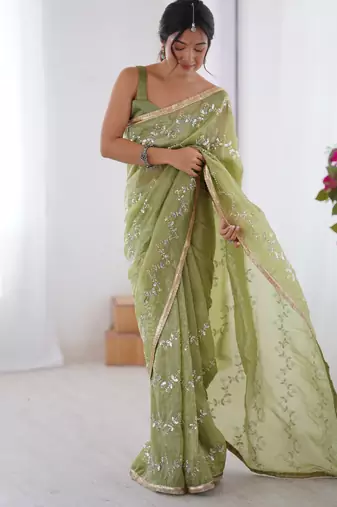 gold crush pista designer beads moti val zig zag sequance work saree