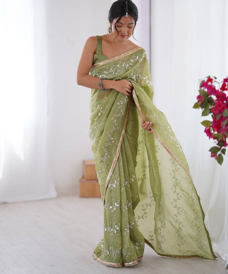 gold crush pista designer beads moti val zig zag sequance work saree