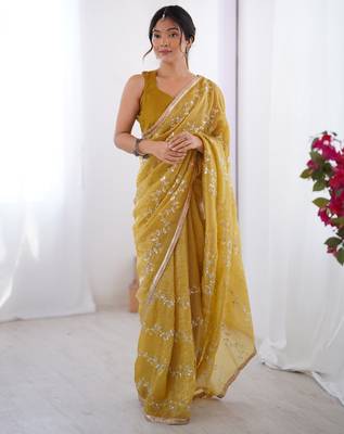 gold crush mustard designer beads moti val zig zag sequance work saree 1