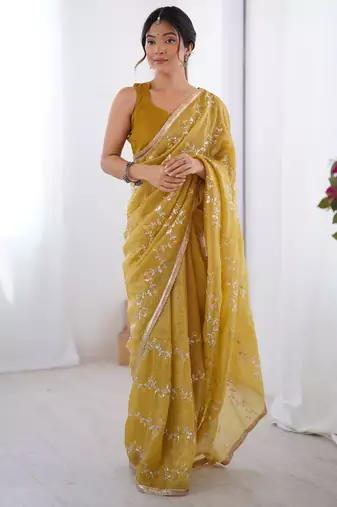 gold crush mustard designer beads moti val zig zag sequance work saree