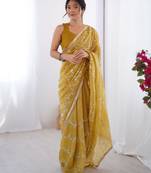 gold crush mustard designer beads moti val zig zag sequance work saree