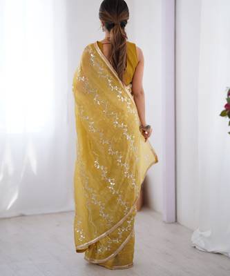 gold crush mustard designer beads moti val zig zag sequance work saree 2