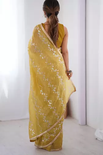 gold crush mustard designer beads moti val zig zag sequance work saree