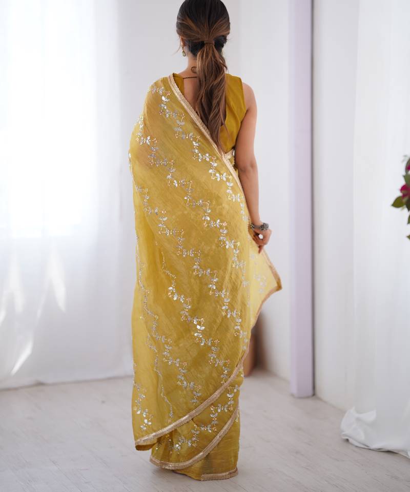 gold crush mustard designer beads moti val zig zag sequance work saree
