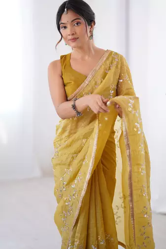 gold crush mustard designer beads moti val zig zag sequance work saree