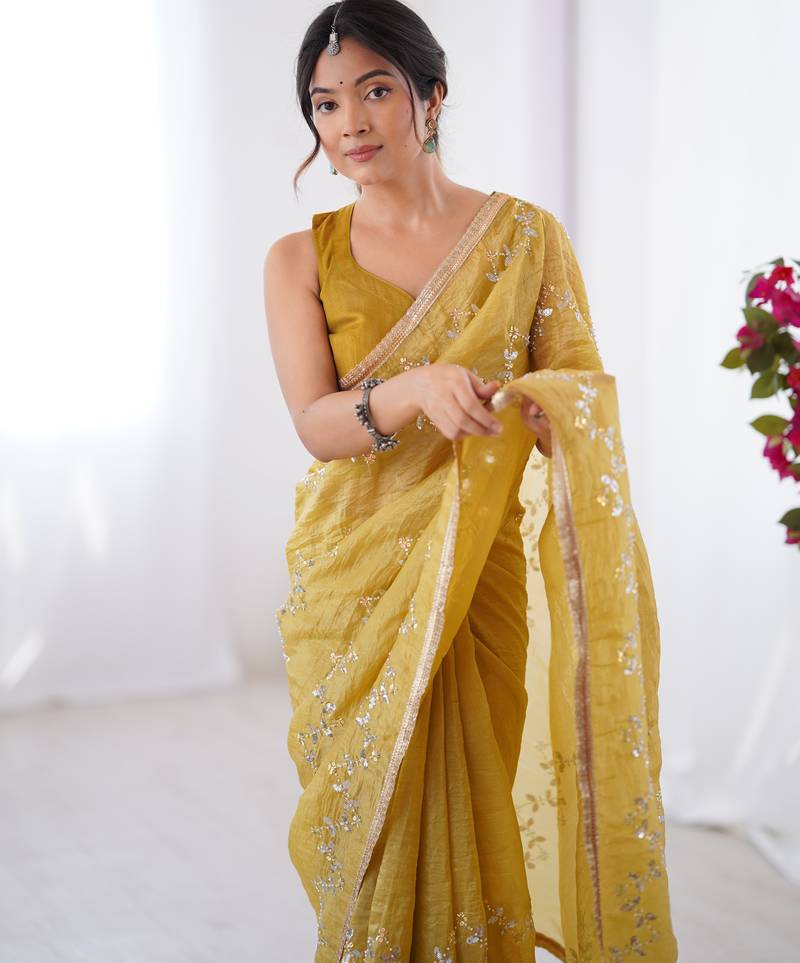gold crush mustard designer beads moti val zig zag sequance work saree