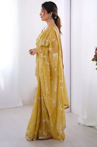 gold crush mustard designer beads moti val zig zag sequance work saree