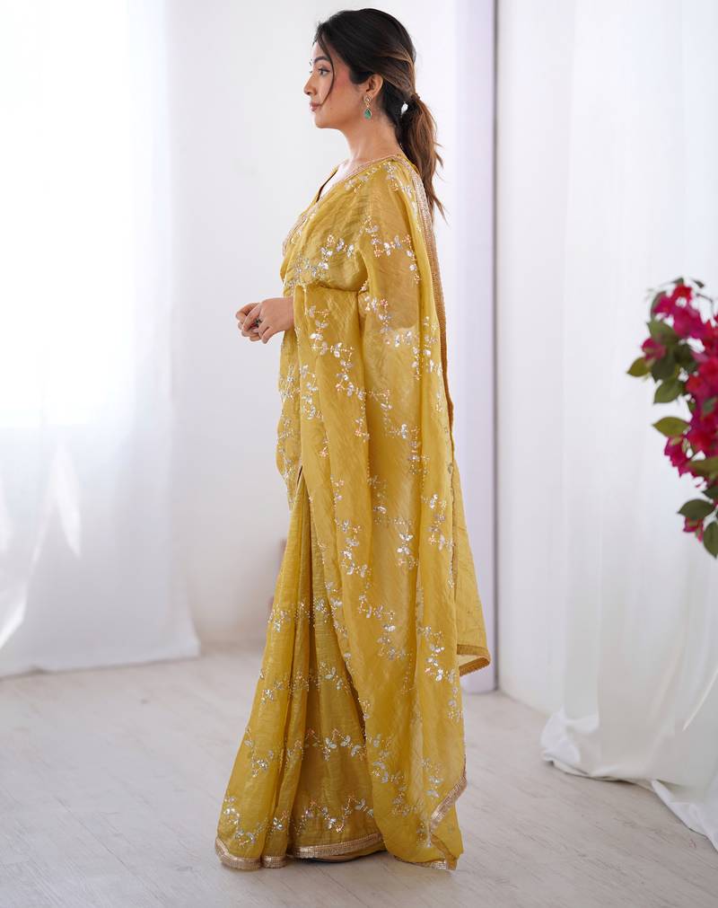 gold crush mustard designer beads moti val zig zag sequance work saree