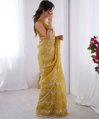 gold crush mustard designer beads moti val zig zag sequance work saree 5