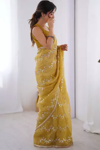 gold crush mustard designer beads moti val zig zag sequance work saree