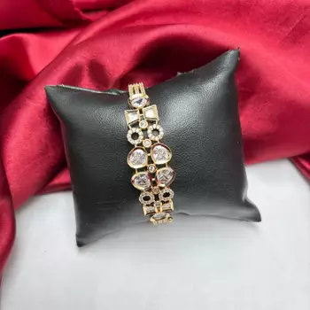 Gold Tone Crystal Bracelet, Art Deco Geometric CZ Statement Bangle 2
