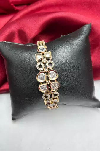 Gold Tone Crystal Bracelet, Art Deco Geometric CZ Statement Bangle