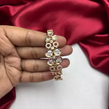 Gold Tone Crystal Bracelet, Art Deco Geometric CZ Statement Bangle 3