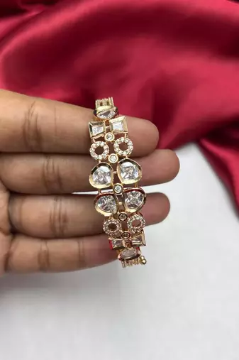 Gold Tone Crystal Bracelet, Art Deco Geometric CZ Statement Bangle