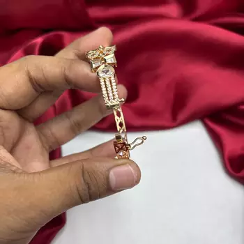 Gold Tone Crystal Bracelet, Art Deco Geometric CZ Statement Bangle 4