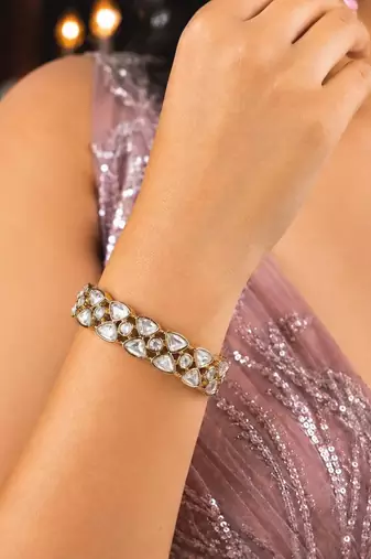 Gold Tone Kundan Bracelet, Indian Bridal Polki Style CZ Wedding Cuff