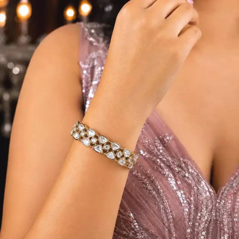 Gold Tone Kundan Bracelet, Indian Bridal Polki Style CZ Wedding Cuff