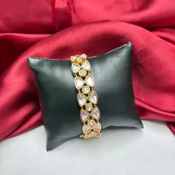 Gold Tone Kundan Bracelet, Indian Bridal Polki Style CZ Wedding Cuff 2