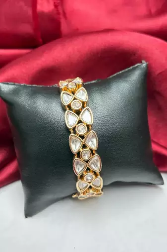 Gold Tone Kundan Bracelet, Indian Bridal Polki Style CZ Wedding Cuff