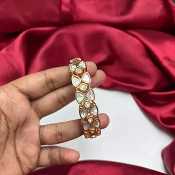 Gold Tone Kundan Bracelet, Indian Bridal Polki Style CZ Wedding Cuff 3