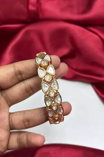 Gold Tone Kundan Bracelet, Indian Bridal Polki Style CZ Wedding Cuff