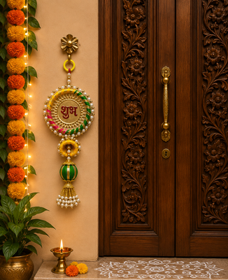 handmade decorative multicolour shubh labh jali plate jhumki decorationhanging for diwali decorations (pack of 2) 1