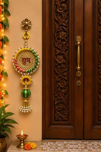 handmade decorative multicolour shubh labh jali plate jhumki decorationhanging for diwali decorations (pack of 2)