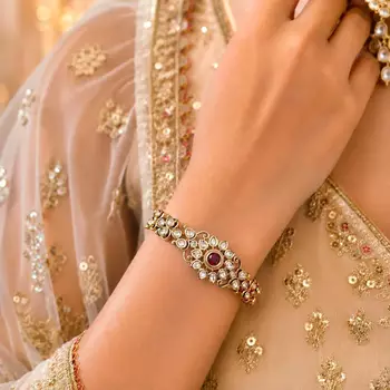 Ruby Kundan Bracelet, Gold Tone Polki Style Hand Jewelry 1