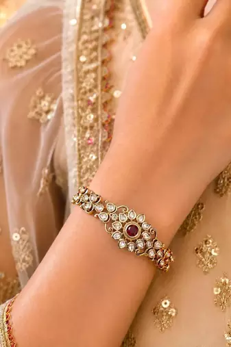 Ruby Kundan Bracelet, Gold Tone Polki Style Hand Jewelry