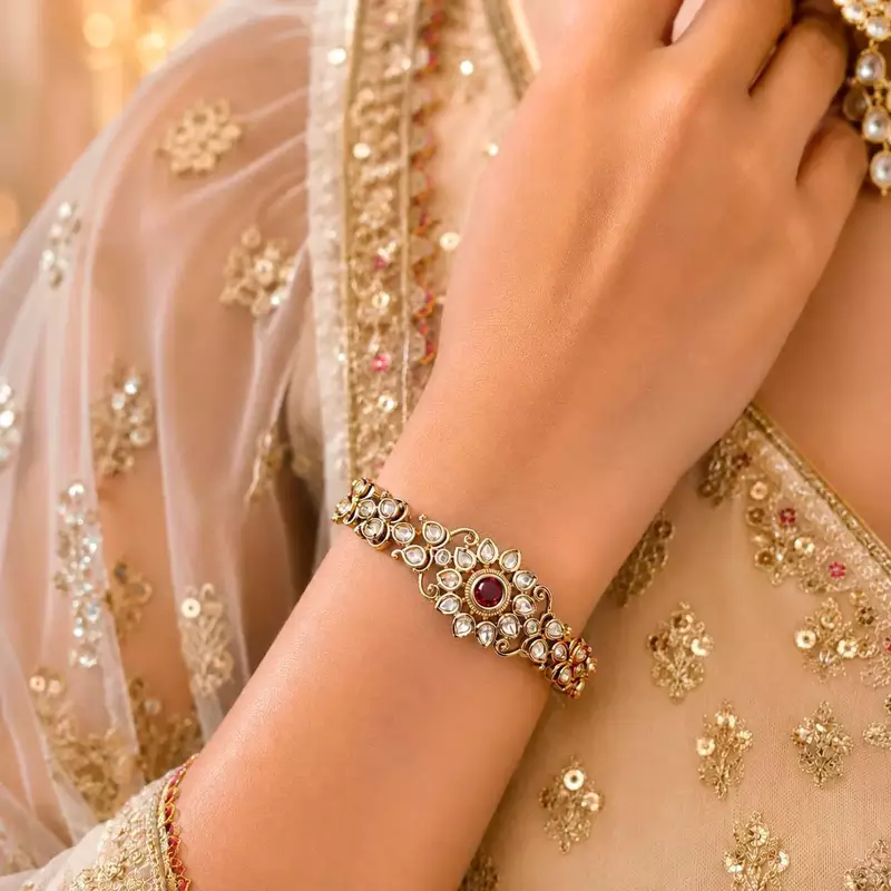 Ruby Kundan Bracelet, Gold Tone Polki Style Hand Jewelry