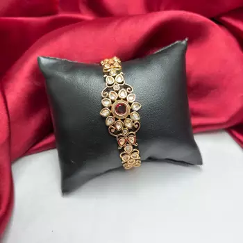 Ruby Kundan Bracelet, Gold Tone Polki Style Hand Jewelry 2