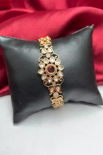 Ruby Kundan Bracelet, Gold Tone Polki Style Hand Jewelry