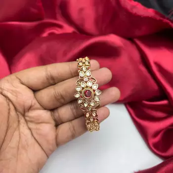 Ruby Kundan Bracelet, Gold Tone Polki Style Hand Jewelry 3