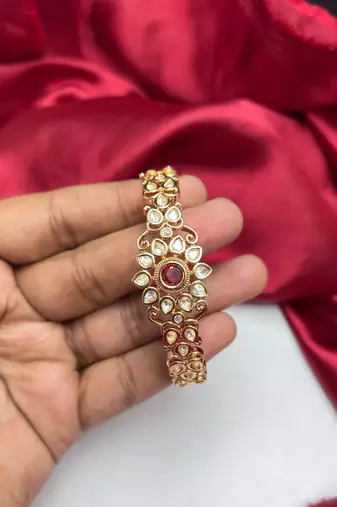 Ruby Kundan Bracelet, Gold Tone Polki Style Hand Jewelry