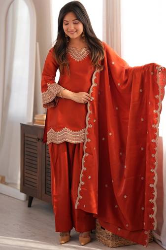 Women's Beautiful Embroidery Work Roman Silk Fabric Straight Kurta Shalwar and Dupatta Set
