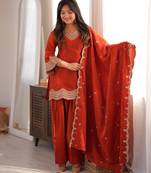 Women's Beautiful Embroidery Work Roman Silk Fabric Straight Kurta Shalwar and Dupatta Set