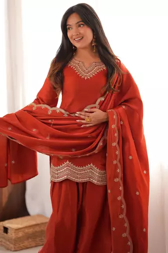Women's Beautiful Embroidery Work Roman Silk Fabric Straight Kurta Shalwar and Dupatta Set