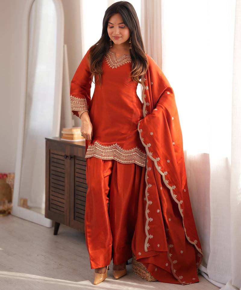 Women's Beautiful Embroidery Work Roman Silk Fabric Straight Kurta Shalwar and Dupatta Set