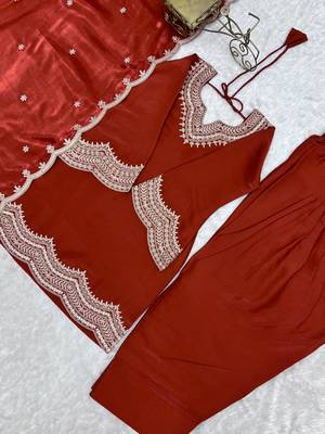 Women's Beautiful Embroidery Work Roman Silk Fabric Straight Kurta Shalwar and Dupatta Set 5