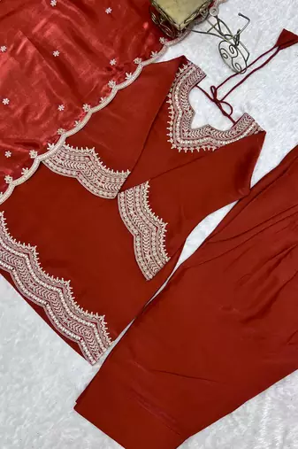 Women's Beautiful Embroidery Work Roman Silk Fabric Straight Kurta Shalwar and Dupatta Set
